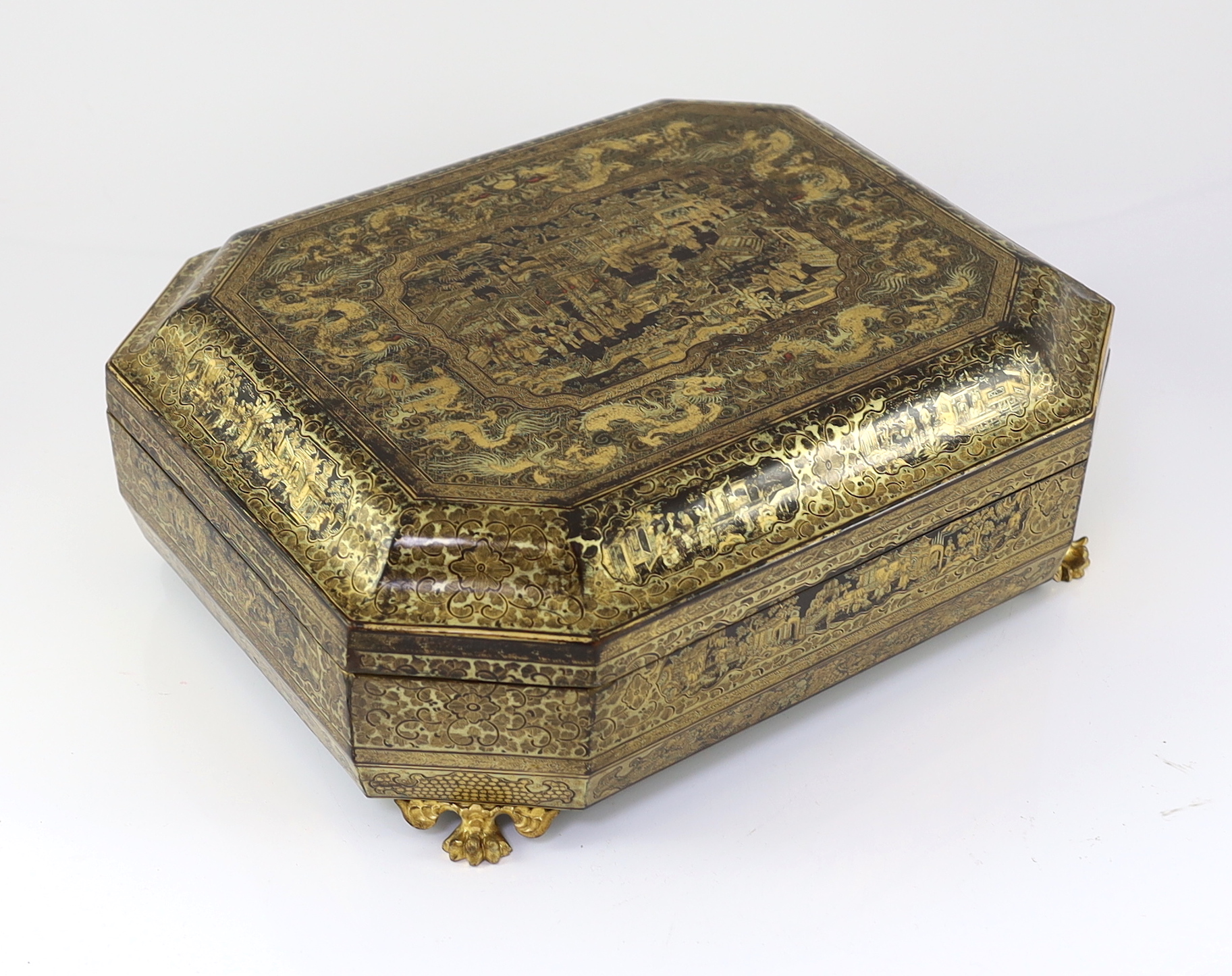 A Chinese Export gilt-decorated black lacquer games box, c.1830